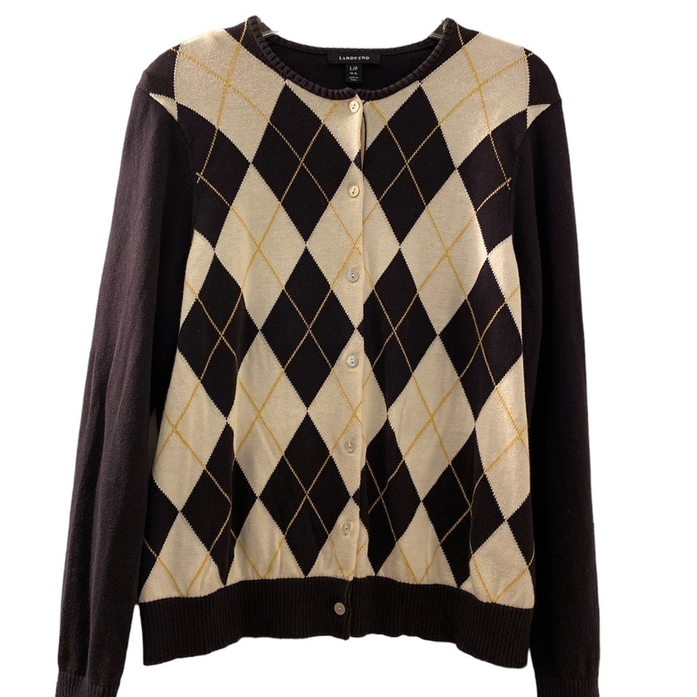 Lands End argyle sweater, large petite.  Navy Blue with cream and gold .